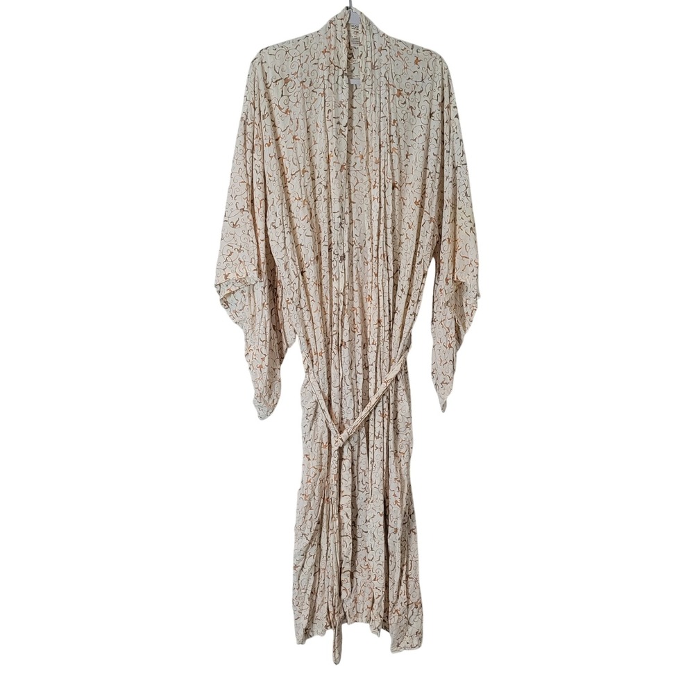 Novica Women Brown Cream Batik Scroll Print Rayon Long Robe Kimono Size S/M